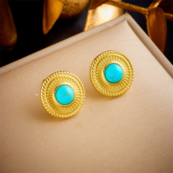 316L Stainless Steel Vintage Round Stone Stud Earrings For Women