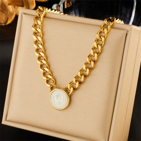 Collar con colgante de moneda con retrato redondo de acero inoxidable 316L para mujer