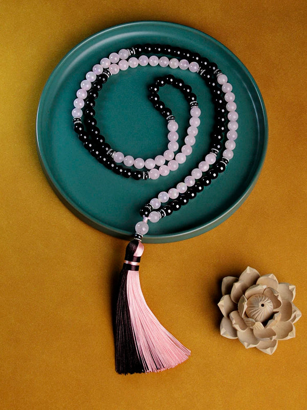 Japamala 108 beads natural stones 8mm Pink crystal and Black Onyx necklace