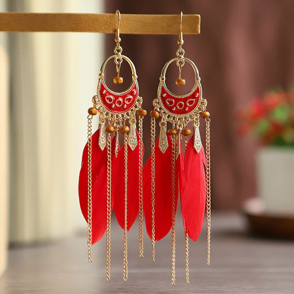 Pendientes largos de plumas rojas de moda étnica para mujer