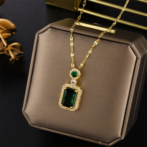 316L Stainless Steel Square Green Red Zircon Pendant Necklace For Women