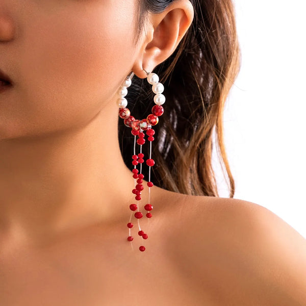 Long Tassel Red Blood Pattern Imitation-Pearl Chain Drop Earrings for Women