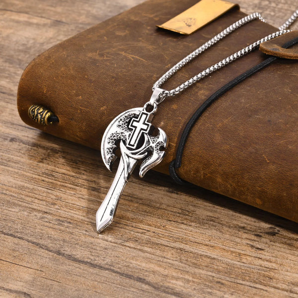 Mens Axe Sword Necklaces, Waterproof Stainless Steel Cross Pendant with Box Chain