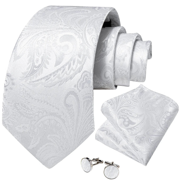 Luxury White Paisley Silk Ties for Men 8cm Width Wedding Party Neck Tie Handkerchief Cufflinks Set