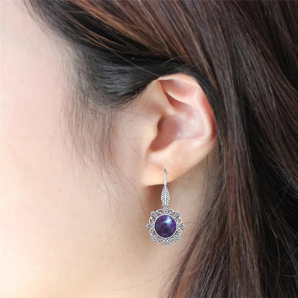 Pendientes vintage de amatista con colgante de flor natural para mujer