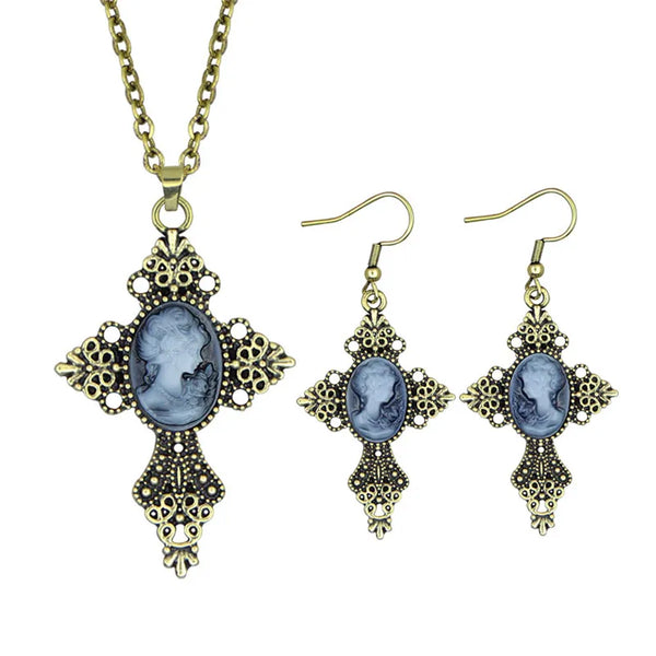 Conjuntos de joyas con camafeo y colgante de cruz vintage para mujer