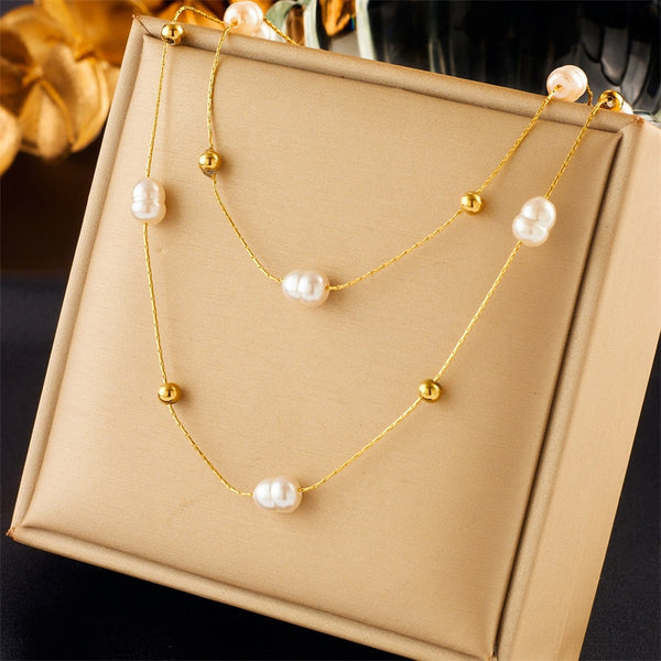 316L Stainless Steel Double Layer Pearl 2in1 Chains Necklace For Women