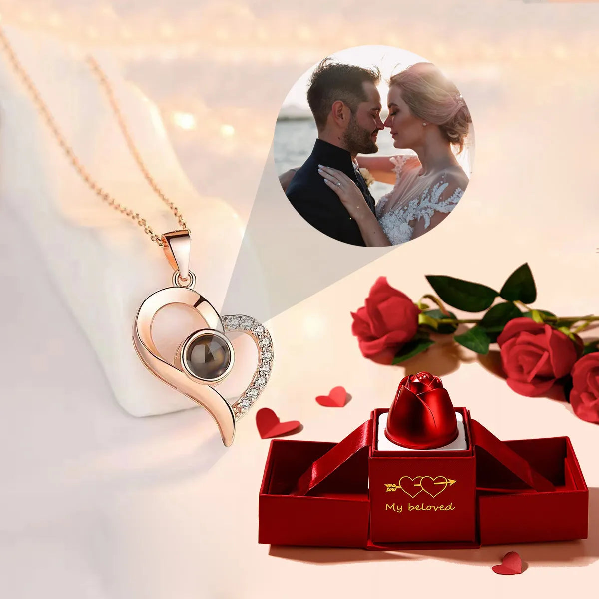 Titanium Steel Custom Projection Necklace With Rose Gift Box Luxury  For Girlfriend Christmas Gifts