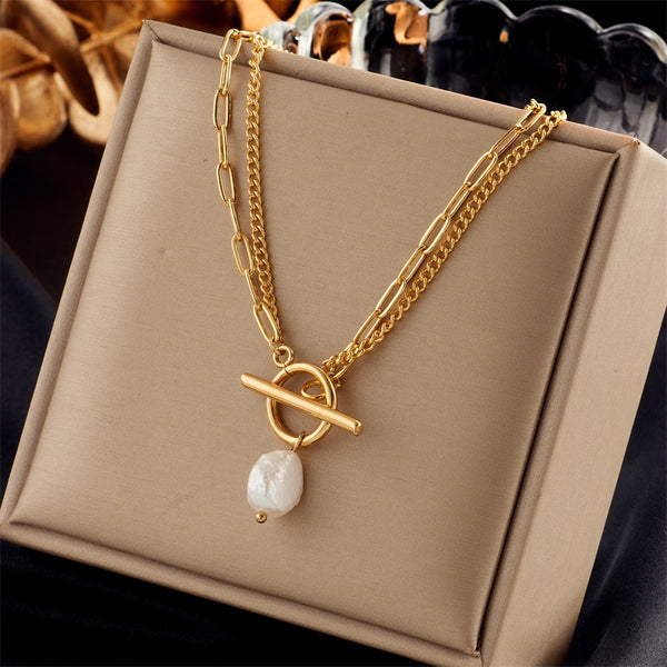 Collar con colgante de perla grande con cierre OT de acero inoxidable 316L para mujer