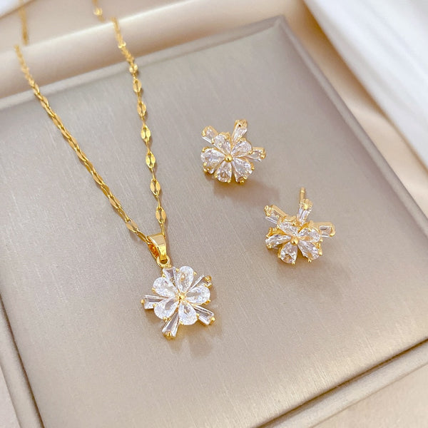 316L Stainless Steel Lovely White Crystal Flower Charm Necklace Earrings For Women
