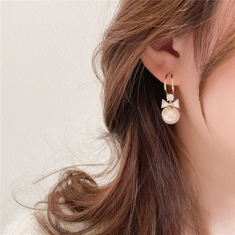 Korean Cute Zircon Bowknot Drop Earrings For Women