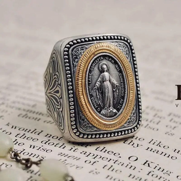 Nuevo anillo de plata vintage con incrustaciones a mano, marca literaria de fe sagrada, moneda antigua, anillos de atmósfera