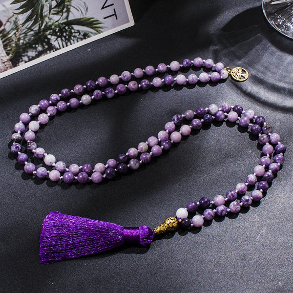 Collar de meditación Mala 108 anudado con cuentas de lepidolita morada de 8 mm