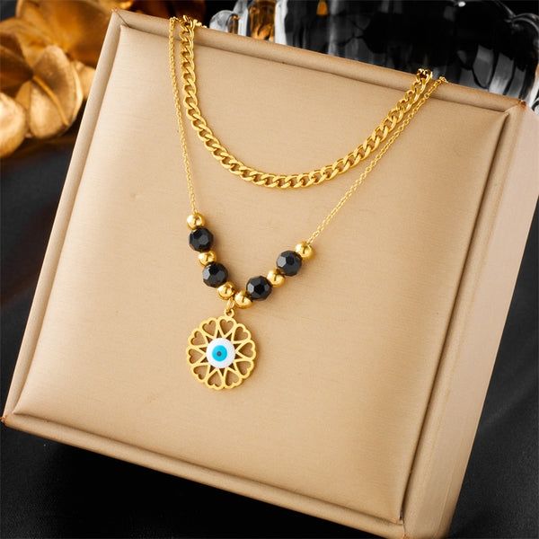 Collar con colgante de cuentas de ojo de doble capa de acero inoxidable 316L para mujer