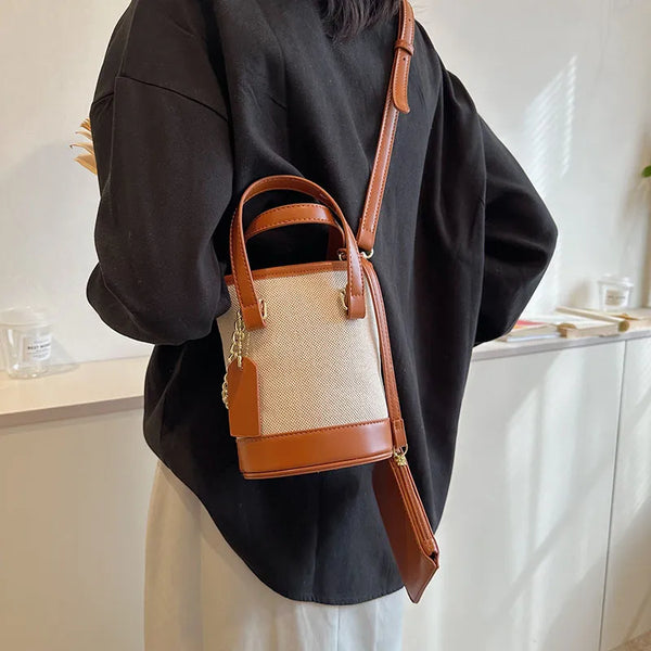 Simple Fashion Cylindrical Handbag New Contrast Canvas Leather Panel Shoulder Bags