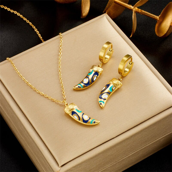 316L Stainless Steel Metal Wolf Tooth Fangs Necklace Earrings For Women