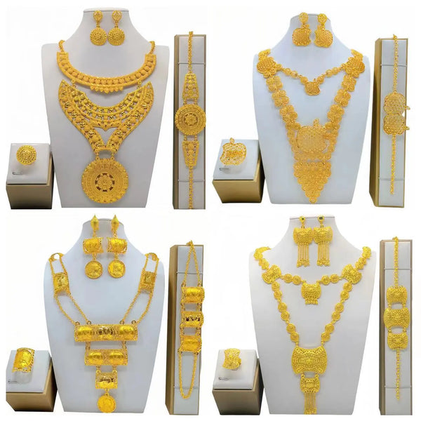 Dubai Gold Color Jewelry Set For Women Big Large Earrings Necklace