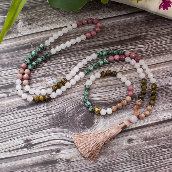 Collar Mala de 8 mm con cuentas de jade blanco, piedra solar, ojo de tigre, 108 cuentas, meditación, yoga, oración, joyería, conjunto de japamala