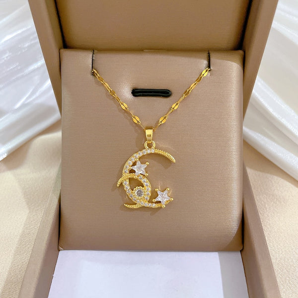 316L Stainless Steel Moon Stars Pendant Necklace For Women