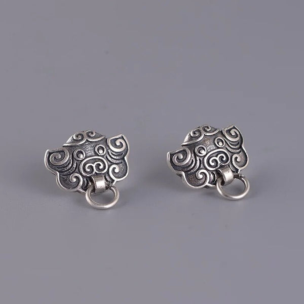 Pendientes de botón de plata de ley 925 con diseño creativo retro de bestias auspiciosas chinas antiguas