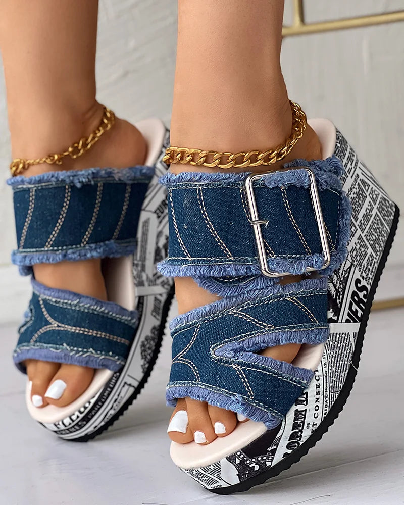 Casual Fashion Vacation  Buckled Denim Wedge Slippers Sandals