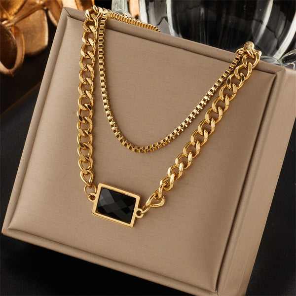 Collar multicapa de cristal cuadrado de acero inoxidable 316L color dorado para mujer