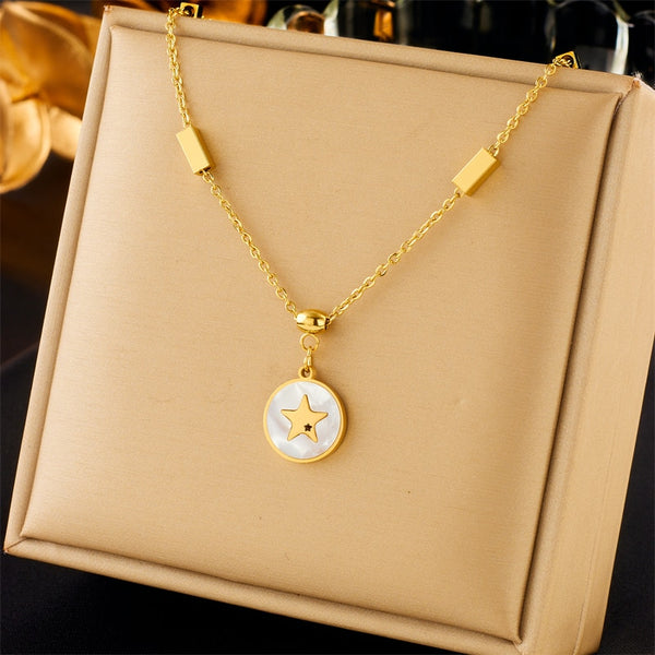 316L Stainless Steel Star Round Pendant Necklace For Women