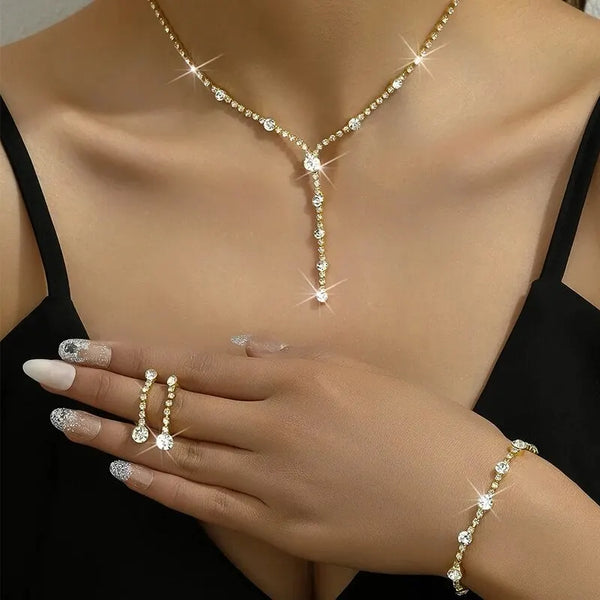 3PCS Shiny Tassel Jewelry Set Natural Stone Clavicle Choker Necklace Drop Earrings Bracelet For Woman