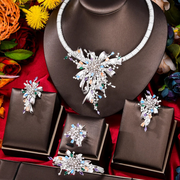 Original Luxury Dubai 4PCS Necklace Bracelet Earrings Ring Jewelry Sets Cubic Zirconia For Woman