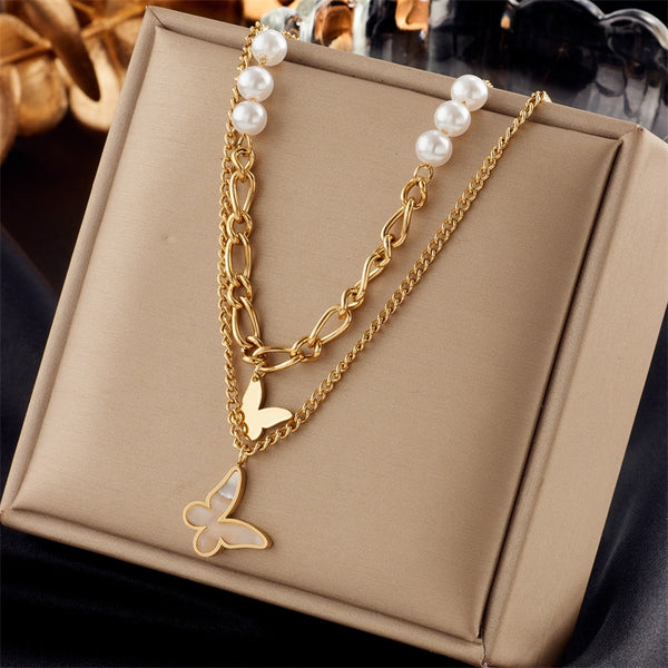 Collar con colgante de mariposa y perla de acero inoxidable 316L para mujer