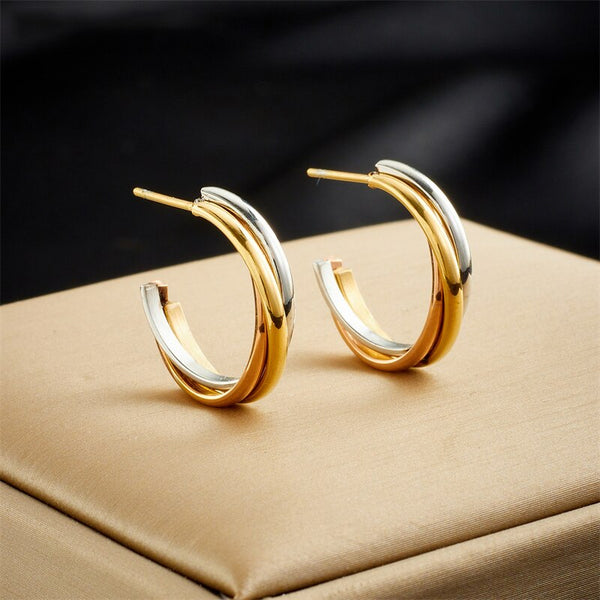 316L Stainless Steel 3-Color Crossover C-Shape Stud Earrings For Women