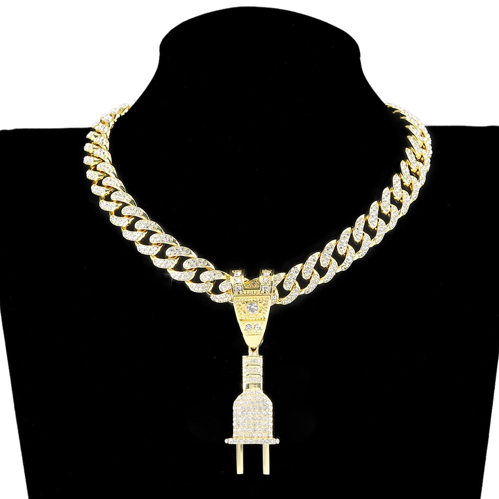 Men Women Hip Hop PLUG Letter Pendant Necklace with 16mm Crystal Cuban Chain