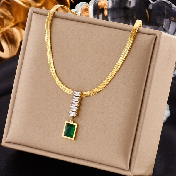 Collar largo con colgante de cristal verde de acero inoxidable 316L para mujer