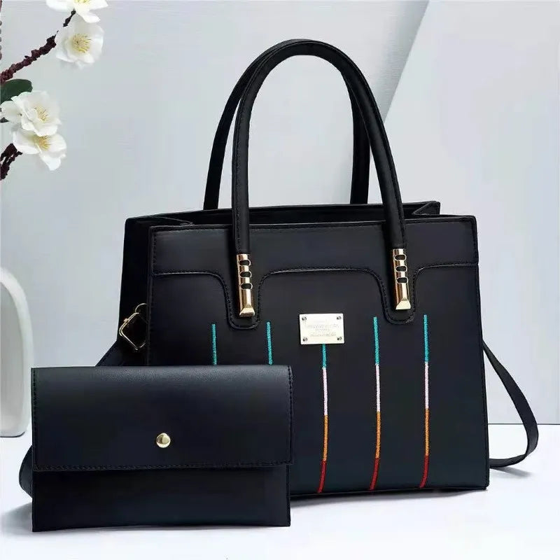 Fashion Embroidered Lines Composite Bag Business Portable Tote Handbag
