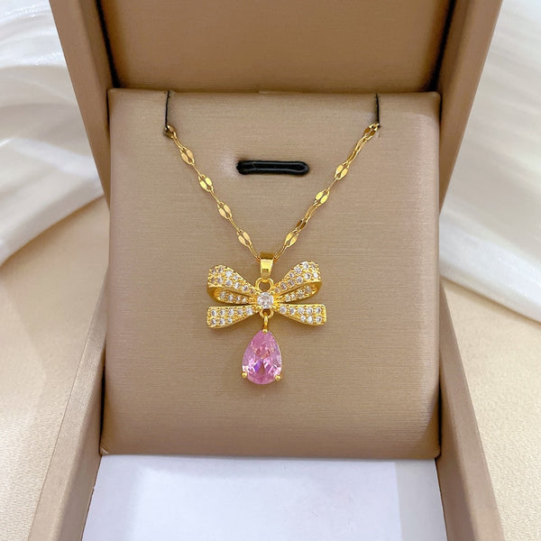 Collar con colgante de circonita rosa y lazo de acero inoxidable 316L para mujer