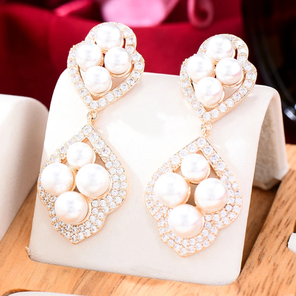 New Luxury Rhinestone Crystal Pearls Drop Earrings for Women Bridal Dangling Earrings