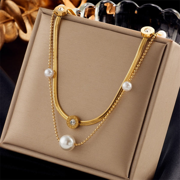 316L Stainless Steel Roman Numeral Large Pearl Pendant Necklace For Women