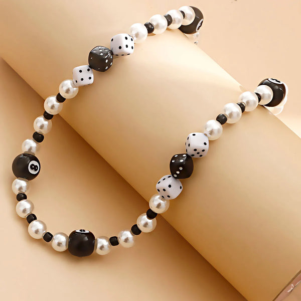 Collar de perlas de 8 dados negros de Hiphop para mujer con diseño de billar negro
