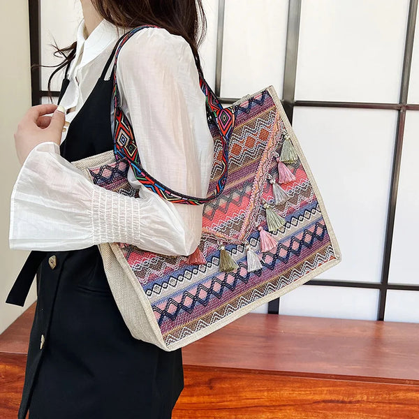 New Striped Fringed Shoulder Bag Women's Portable Ethnic Style Handbag