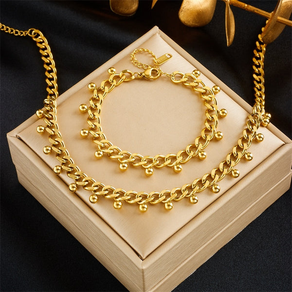 316L Stainless Steel Gold Color Beads Thick Chain Necklace Bracelet For Women