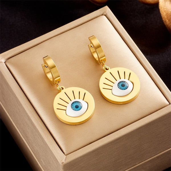 Pendientes de aro de acero inoxidable 316L con diseño de pestañas y ojos para mujer