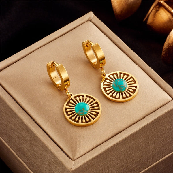 316L Stainless Steel Round Green Stone Hoop Earrings For Women