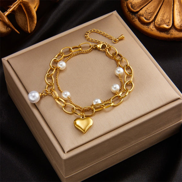 316L Stainless Steel Heart Pearl Charm Bracelet For Women