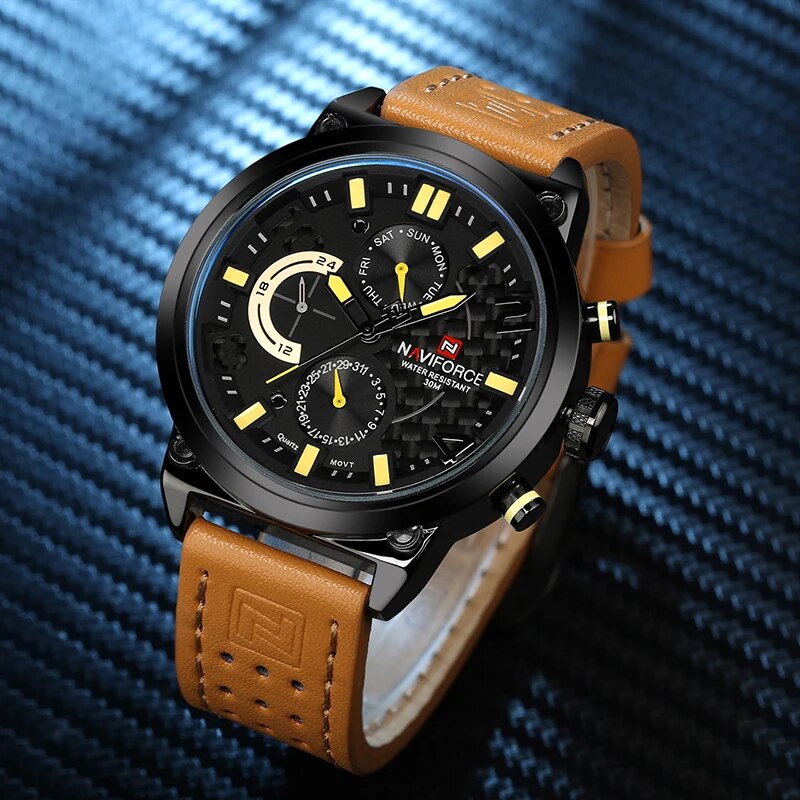 Casual Genuine Leather Military Sport Wristwatch Men Quartz Muliti-Function Watches