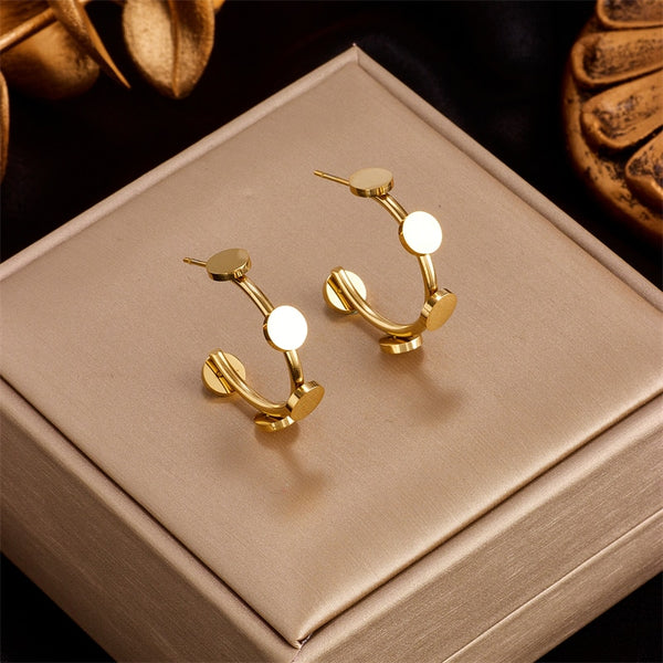 316L Stainless Steel Gold Color Disc C-Shape Hoop Earrings For Women