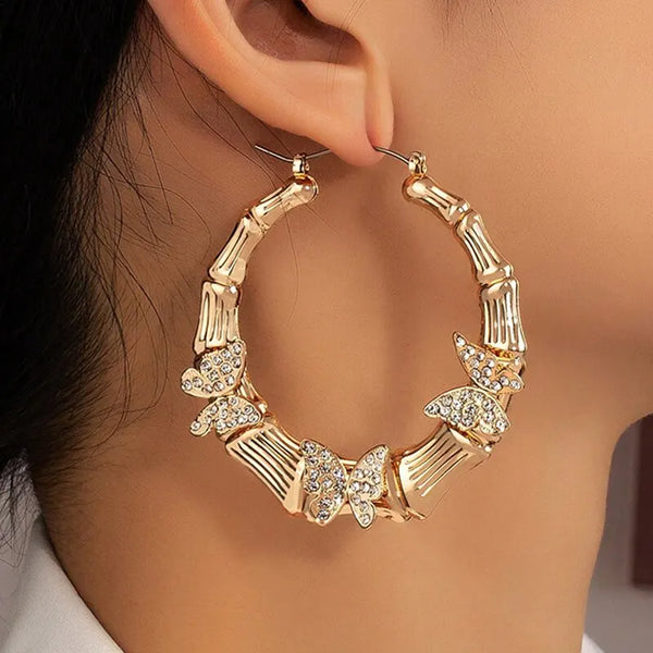 Pendientes de aro de bambú con forma de mariposa grande para mujer