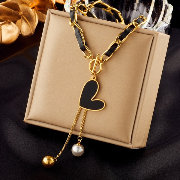 316L Stainless Steel Black Heart Pearl Ball Pendant Necklace For Women