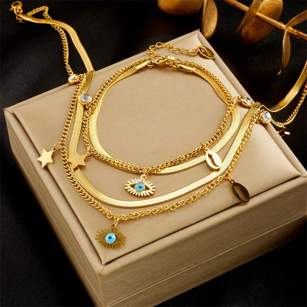 316L Stainless Steel 2-Layer Eye Star Charm Necklace Bracelets For Women