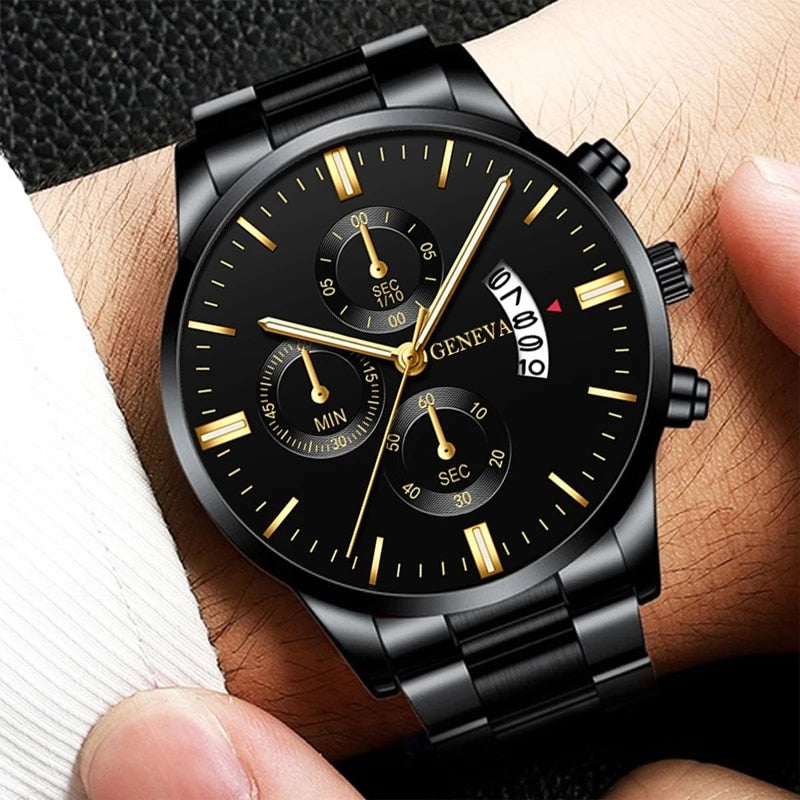 5pcs Set Fashion Men Stainless Steel Watch Luxury Calendar Quartz Wrist Watch