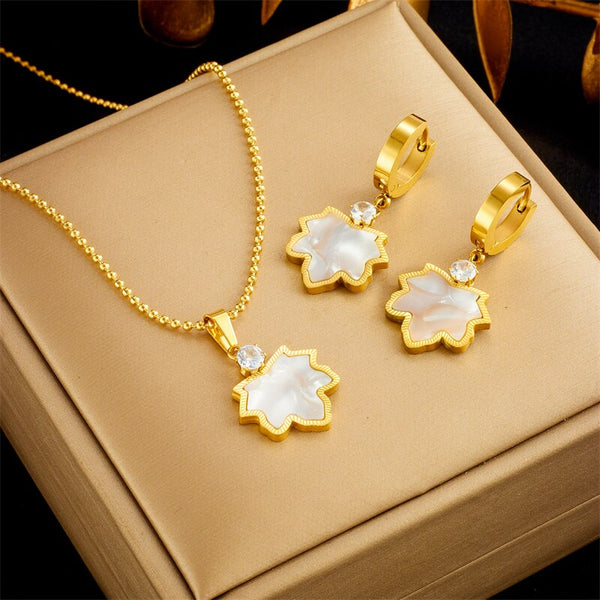 Collar y pendientes de acero inoxidable 316L con colgante de hoja de arce y circonita para mujer